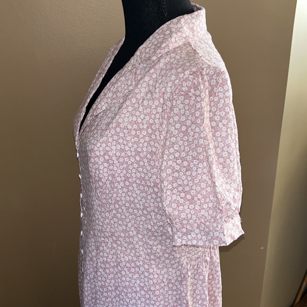 EUC In Loom Soft Pink & White Lined Elise Collared Floral Dress Balloon Sleeve L - Picture 6 of 9